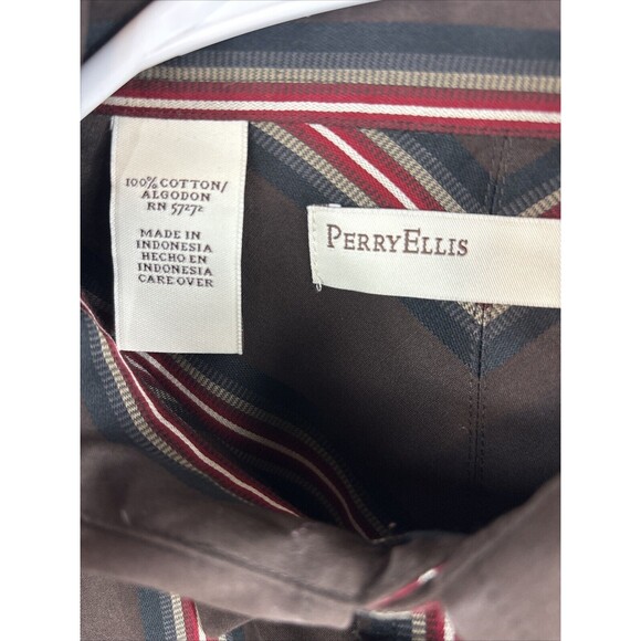 Perry Ellis Mens Size L Brown Stripe Button Up Shirt Long Sleeve NWT 100% Cotton - Picture 6 of 9